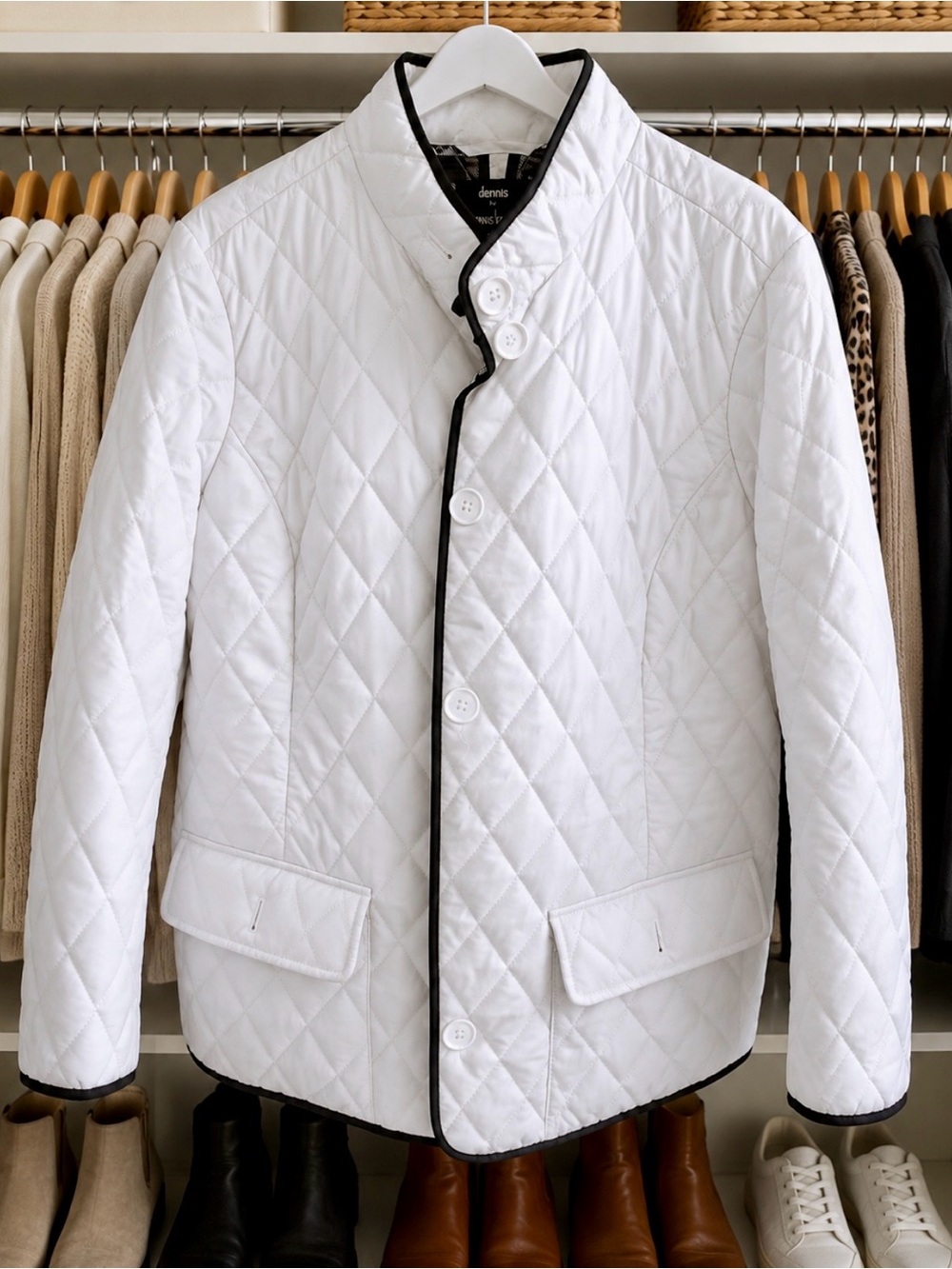 dennis basso Women’s White Quilted Jacket with Black Trim